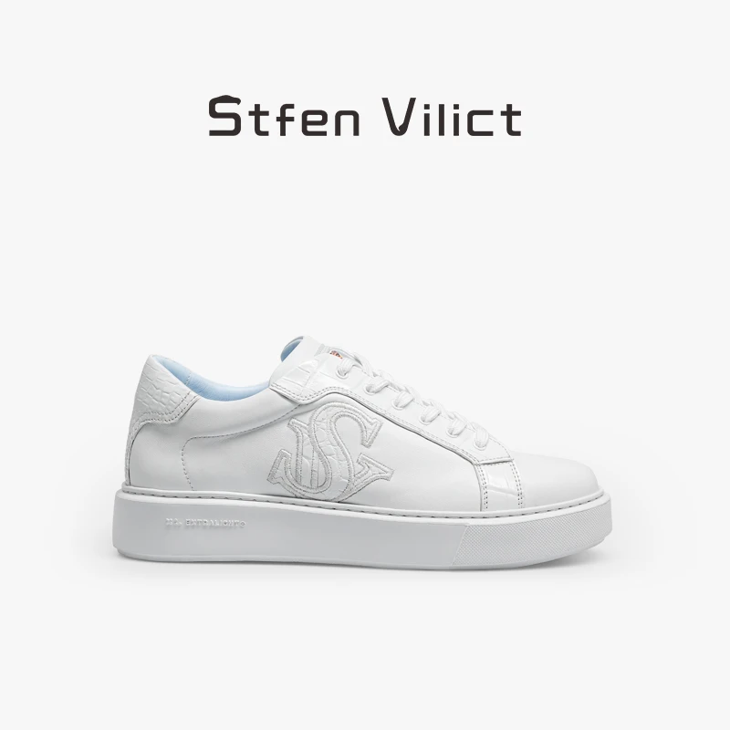 威廉史蒂芬纯白男士休闲皮鞋牛皮配鳄鱼皮运动小白鞋百搭板鞋时尚