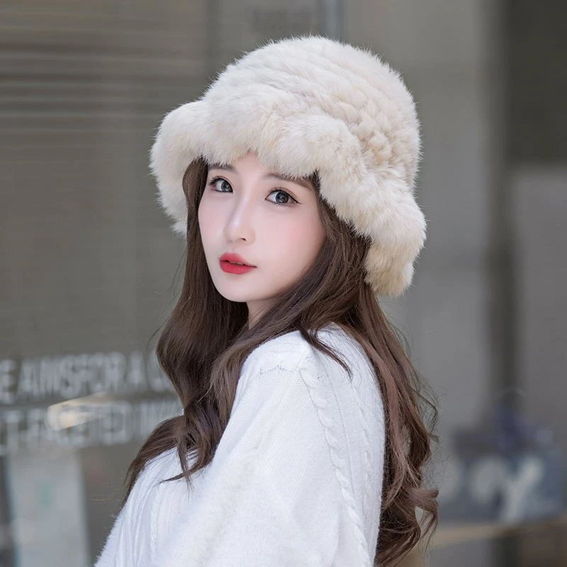 渔夫帽子兔毛帽子女秋冬款加厚保暖毛线帽护耳毛绒帽包头帽云朵帽