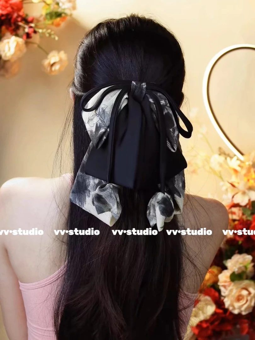 2025新中式水墨画花苞蝴蝶结抓夹气质飘带高级感后脑勺马尾夹发夹