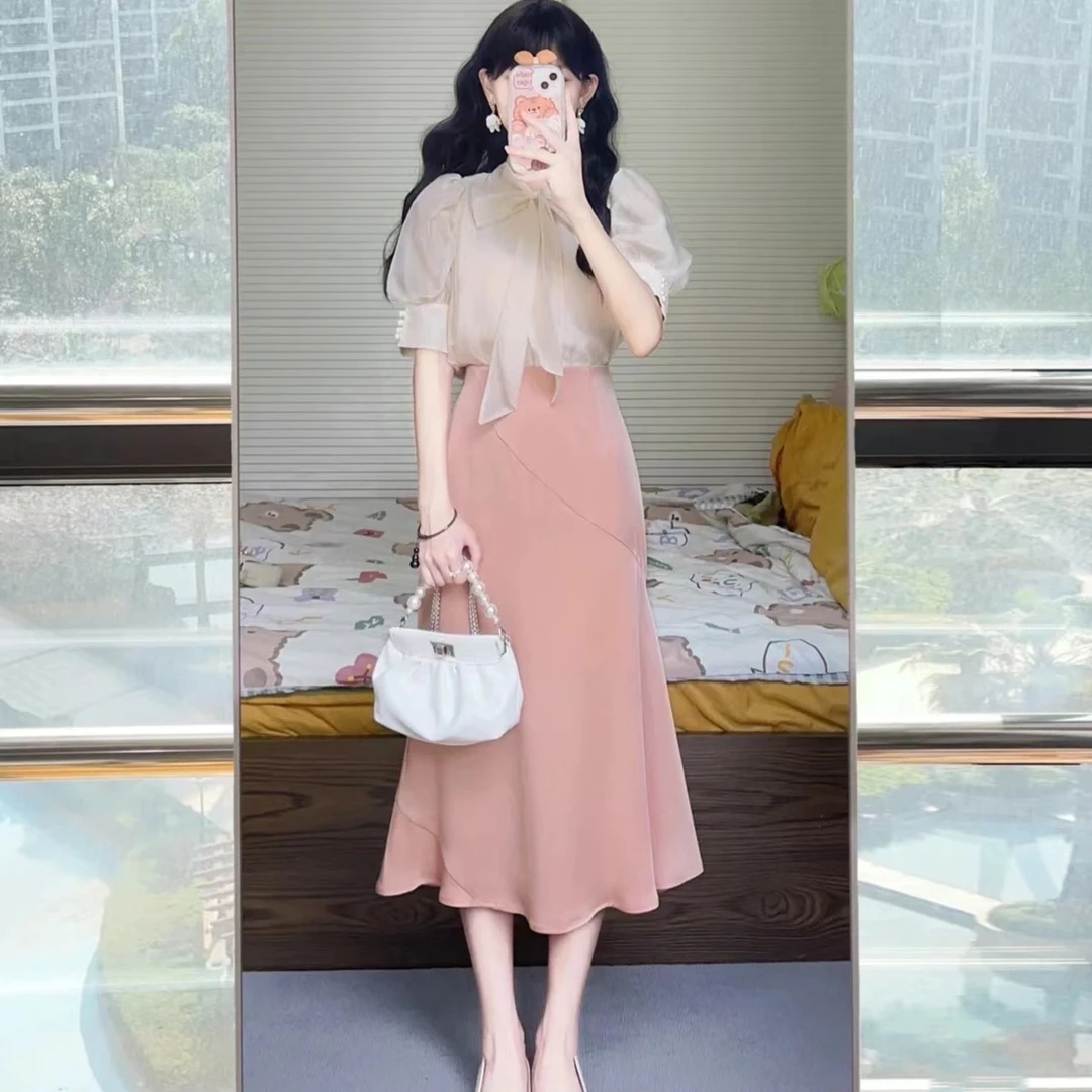女装夏季新款雪纺衫上衣法式半身裙时尚气质短袖轻熟显瘦洋气高腰