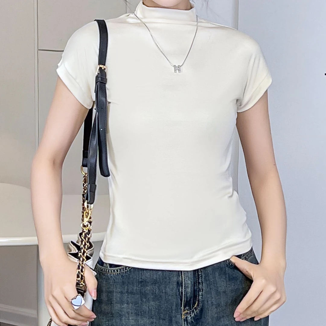 半高领短袖T恤女秋季新款韩版修身显瘦设计感小众上衣#5501