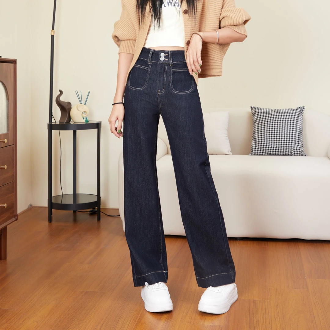 EL春夏新款牛仔防冷显瘦高腰直筒裤女时尚弹力显瘦牛仔裤女百搭