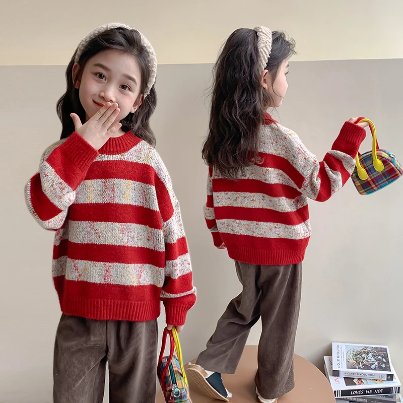 2024女童秋季新款可爱甜美韩系减龄宽条纹红色毛衣