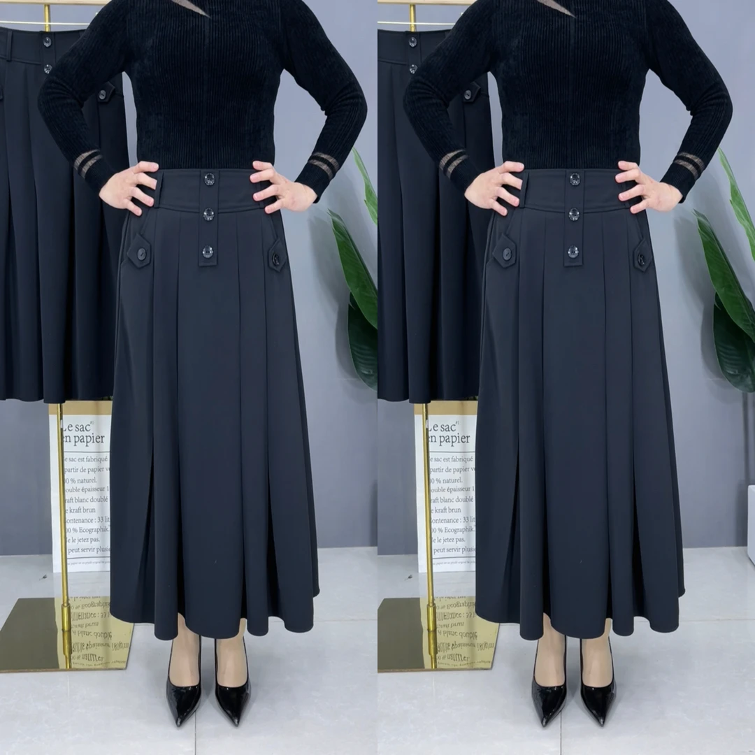 2023春季冰丝垂感百搭松紧腰三扣百搭妈妈半身裙过膝纯色裙子女式
