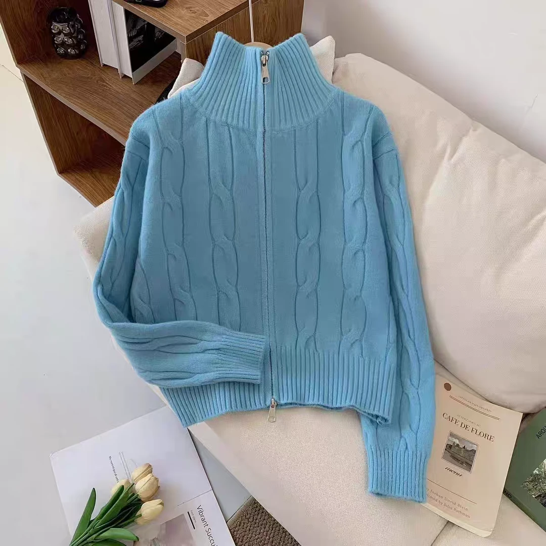 高级感立领绞花毛衣女秋冬季新款双拉链针织开衫时尚百搭漂亮外套