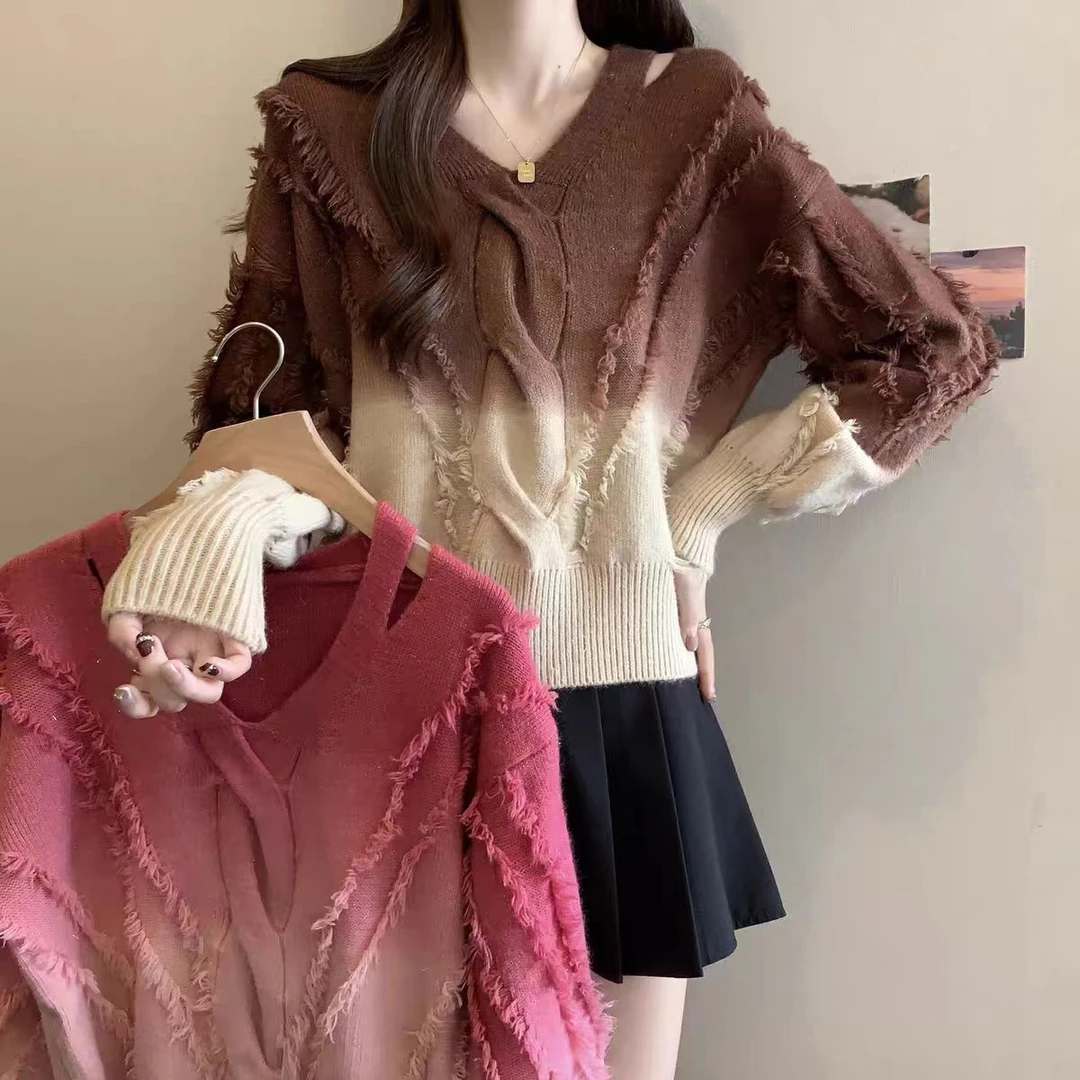 美拉德渐变V领针织衫毛衣女秋冬新款韩版宽松设计感流苏减龄上衣