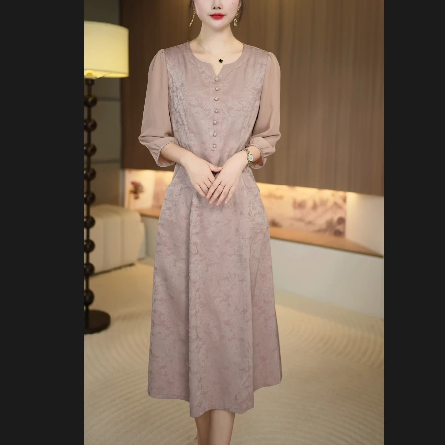 [暖晴川]秋季新款新中式气质修身显瘦暗纹提花中长款连衣裙