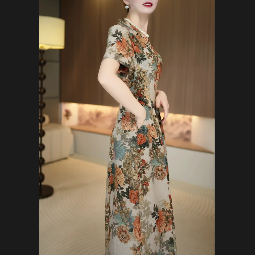 [暖晴川]气质修身显瘦复古印花中国风V领短袖夏季新款连衣裙女