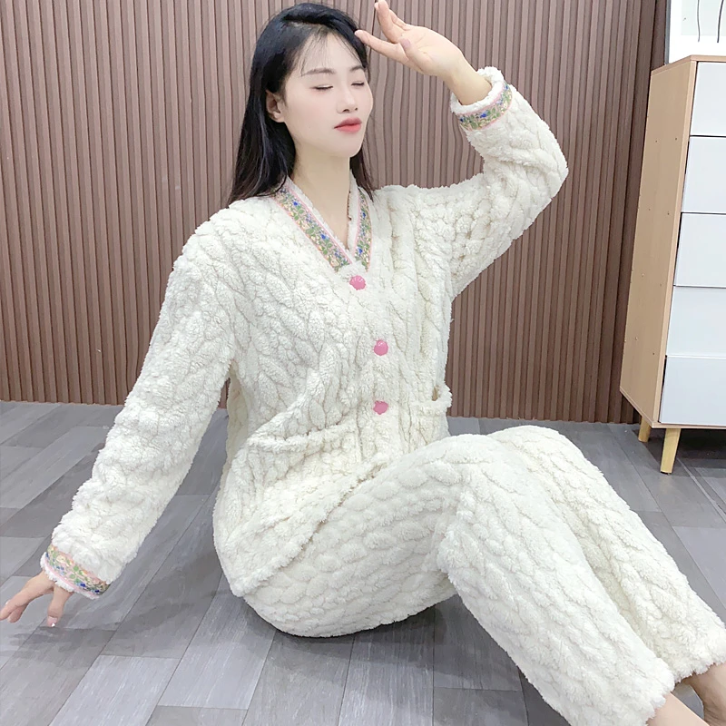 女士冬季睡衣秋冬款女珊瑚绒长袖毛绒法兰绒可外穿家居服套装Y150