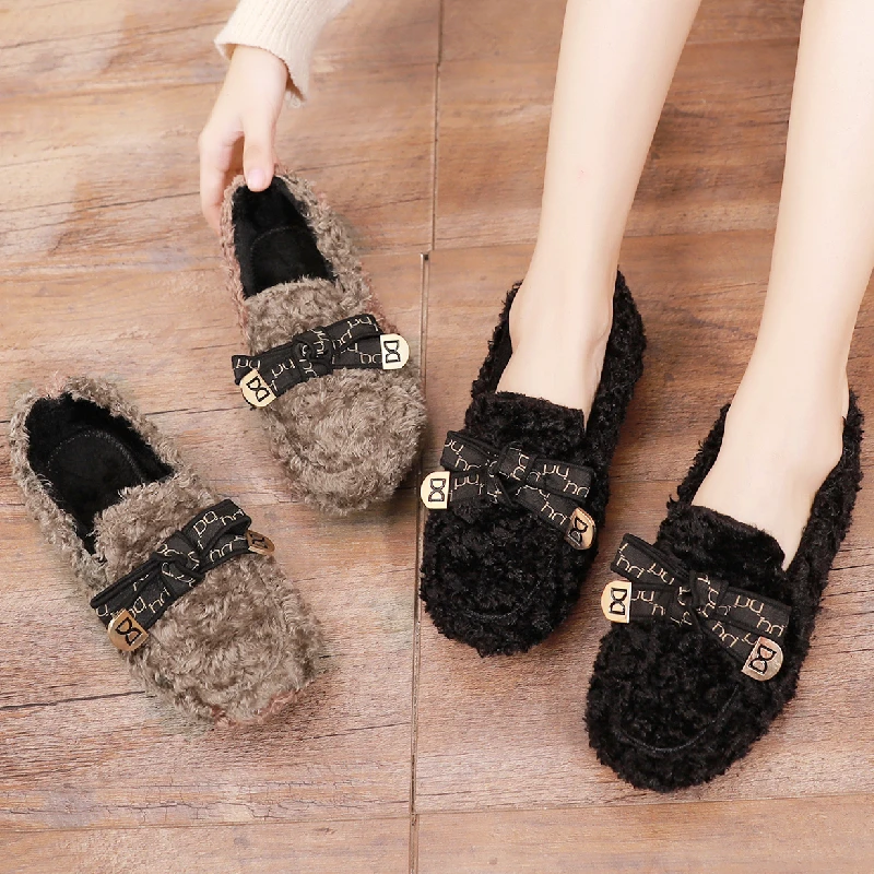 2025新款秋冬毛毛鞋女平底外穿女鞋加绒保暖棉鞋一脚蹬懒人豆豆鞋