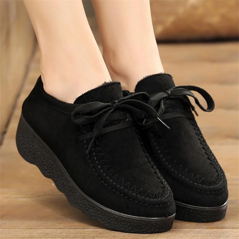 秋冬款老北京布鞋厚底豆豆女鞋加绒棉鞋松糕底系带中跟黑色工作鞋