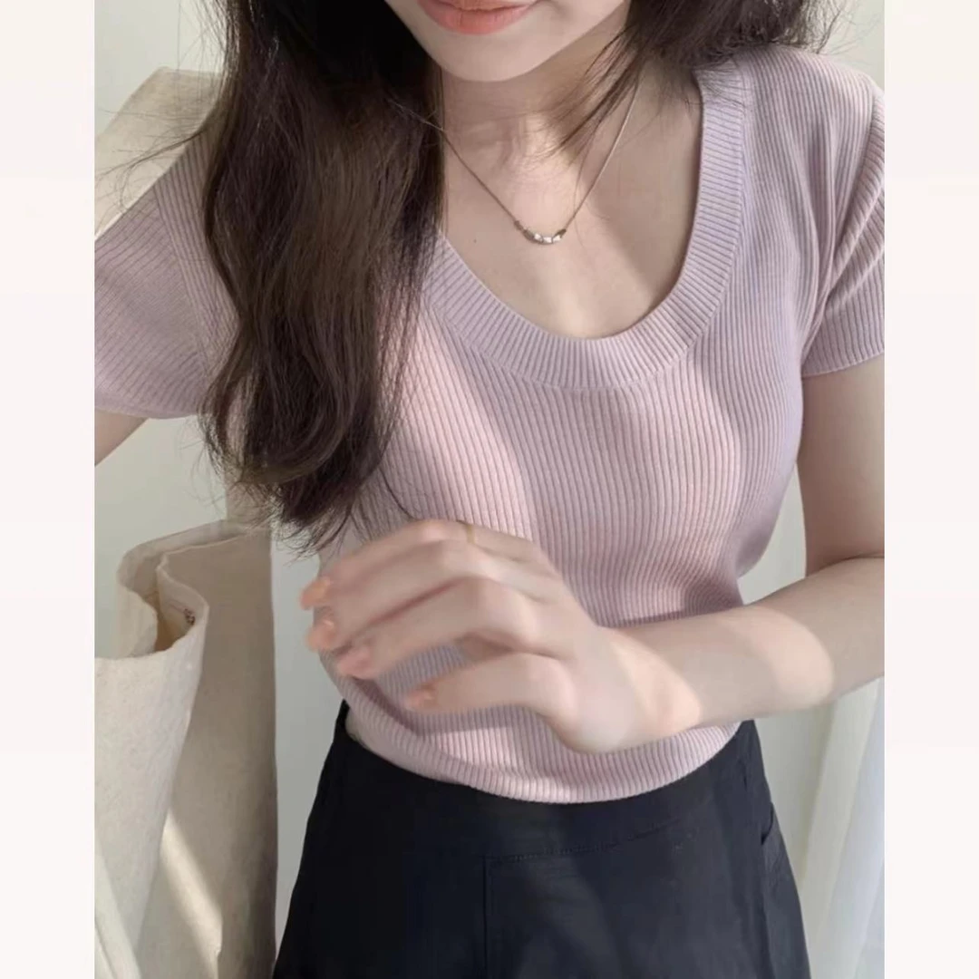 W00542欧huo超细上衣纯色圆领修身针织短袖T恤女