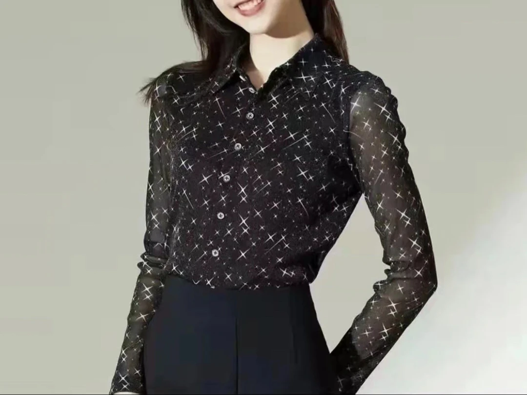 品哥新女装2024春秋款修身显瘦网纱弹力衬衫印花Polo领长袖衬衣