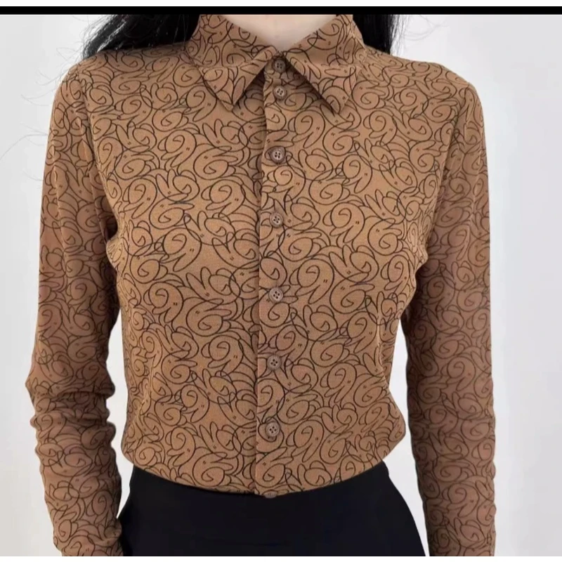【玖衫原创】网纱衬衫气质衬衣长袖复古百搭棕色几何图案印染