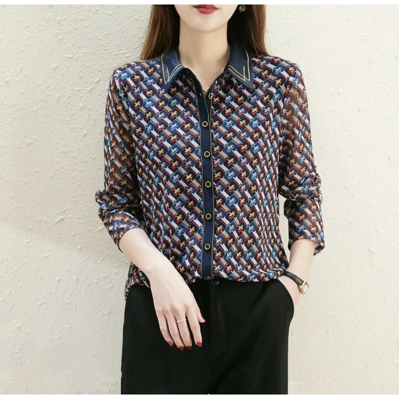 新款网纱衬衫洋气气质长袖百搭印花 YL22788