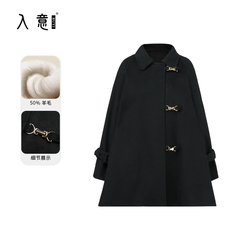 【入意】2024年秋冬季新款黑色大衣女赫本风气质宽松显瘦毛呢外套