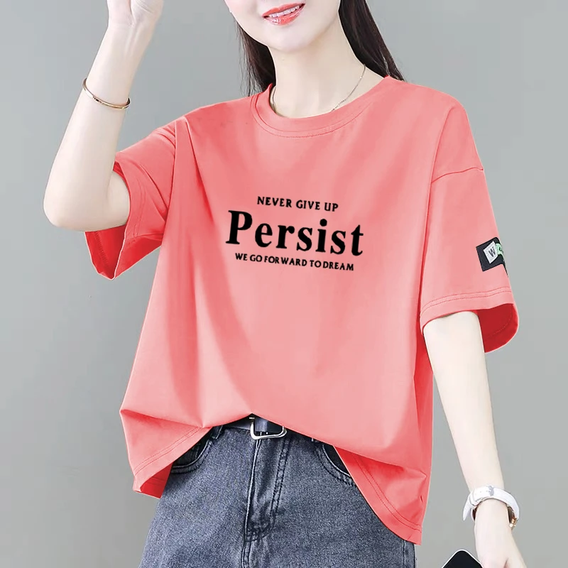 100%纯棉短袖t恤女2025夏季新款韩版时尚百搭印花宽松大码上衣潮