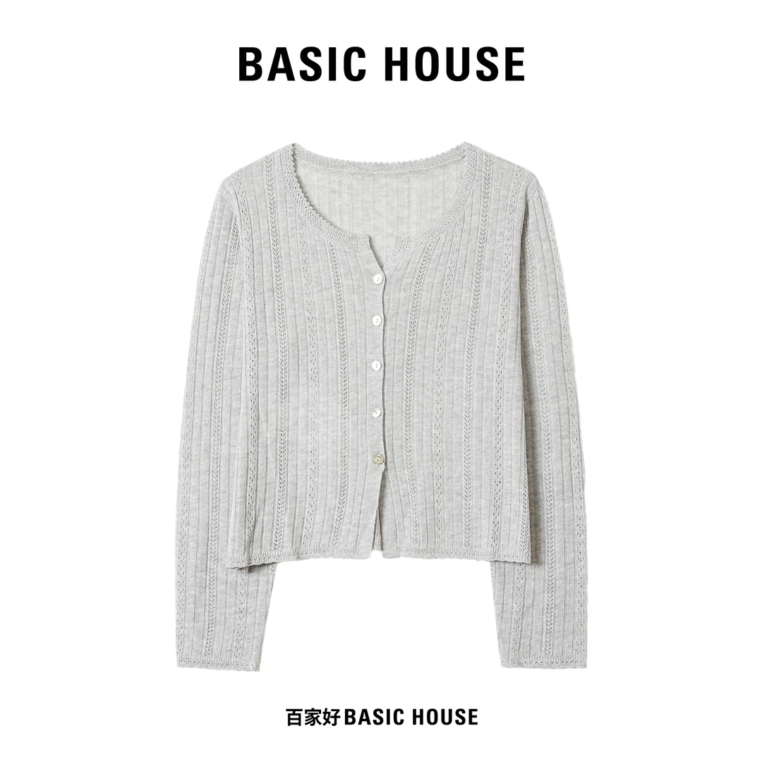 Basic House/百家好2024年新款镂空V领时尚长袖针织衫JDYY