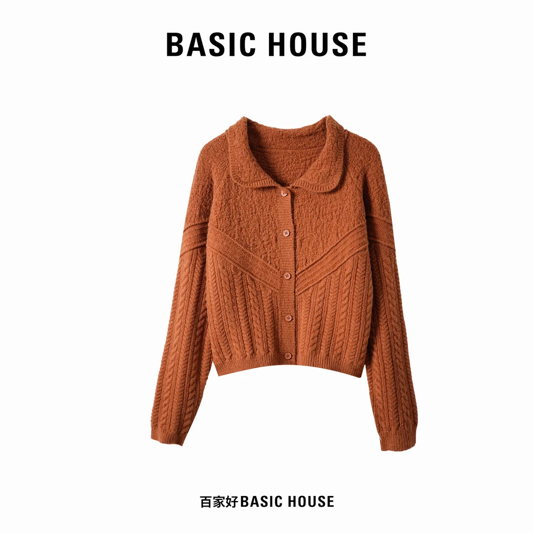 Basic House/百家好2025年新款翻领撞色毛衣绞花百搭毛针织衫jdXX