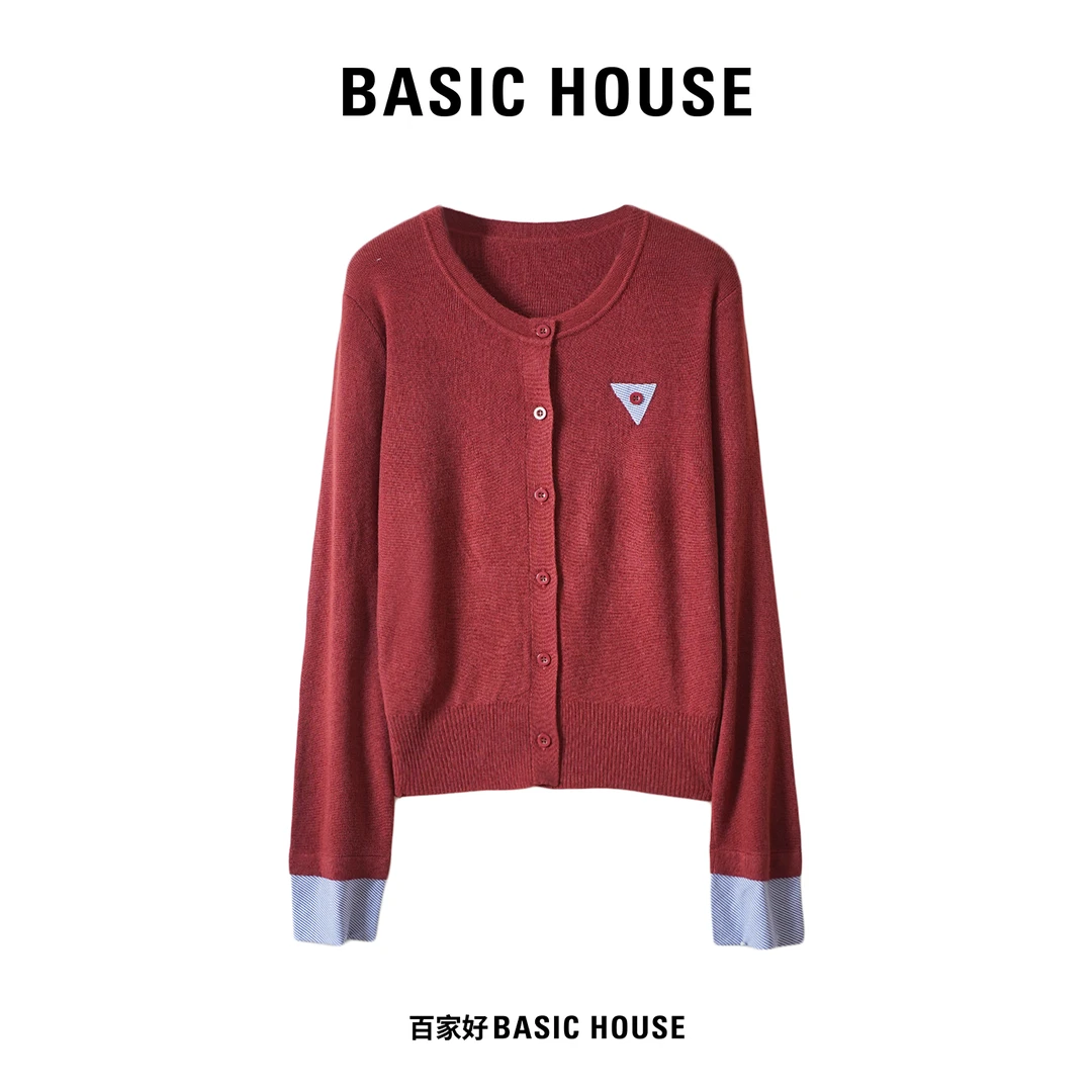 【哲妈宠粉】Basic House/百家好新款拼色百搭三角印花圆领毛针织衫