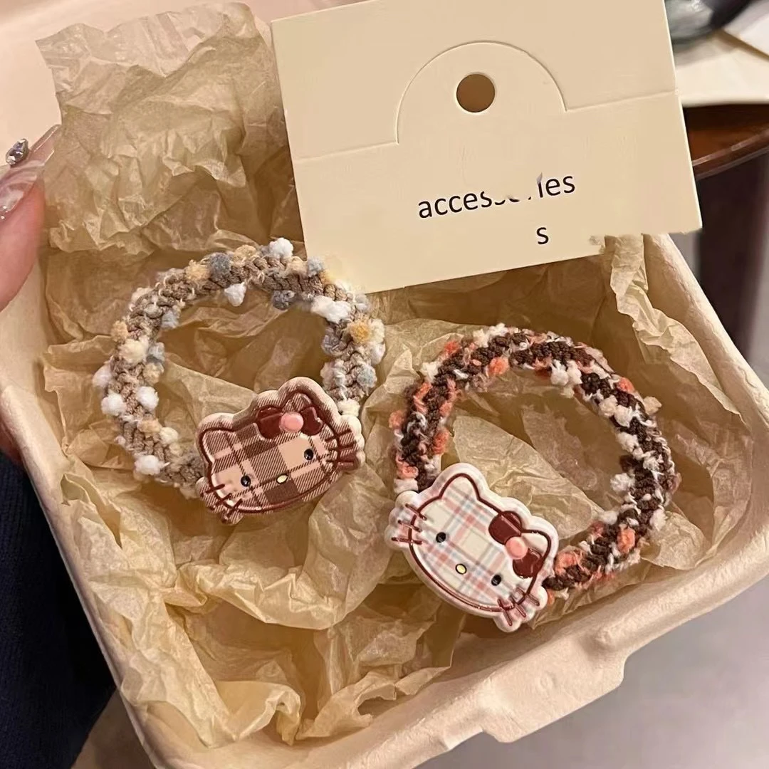 日系可爱咖色格纹kt猫发圈新款ins少女心可爱百搭刘海卡通头饰