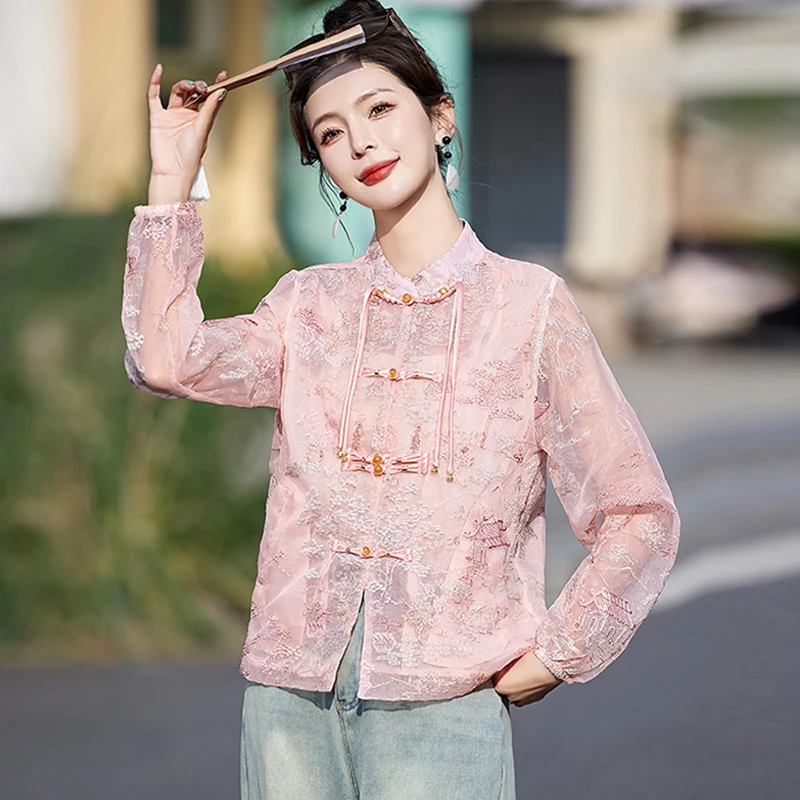 薄款长袖防晒外套女夏季2024新款气质国风刺绣盘扣立领新中式上衣