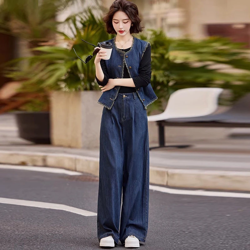 小香风牛仔马甲套装女2025春新款高级感收腰显瘦时尚阔腿裤三件套