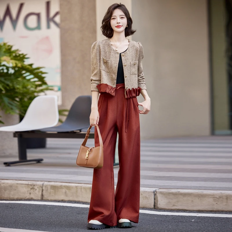 法式小香风套装女秋新款名媛气质女神范复古时尚减龄阔腿裤两件套