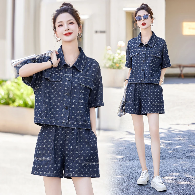 休闲衬衫牛仔套装女夏新款时尚洋气减龄小个子气质阔腿短裤两件套
