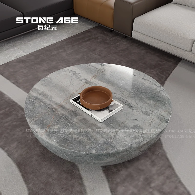 天然大理石简约圆形茶几桌子家用客厅实心石头茶几个性时尚大气