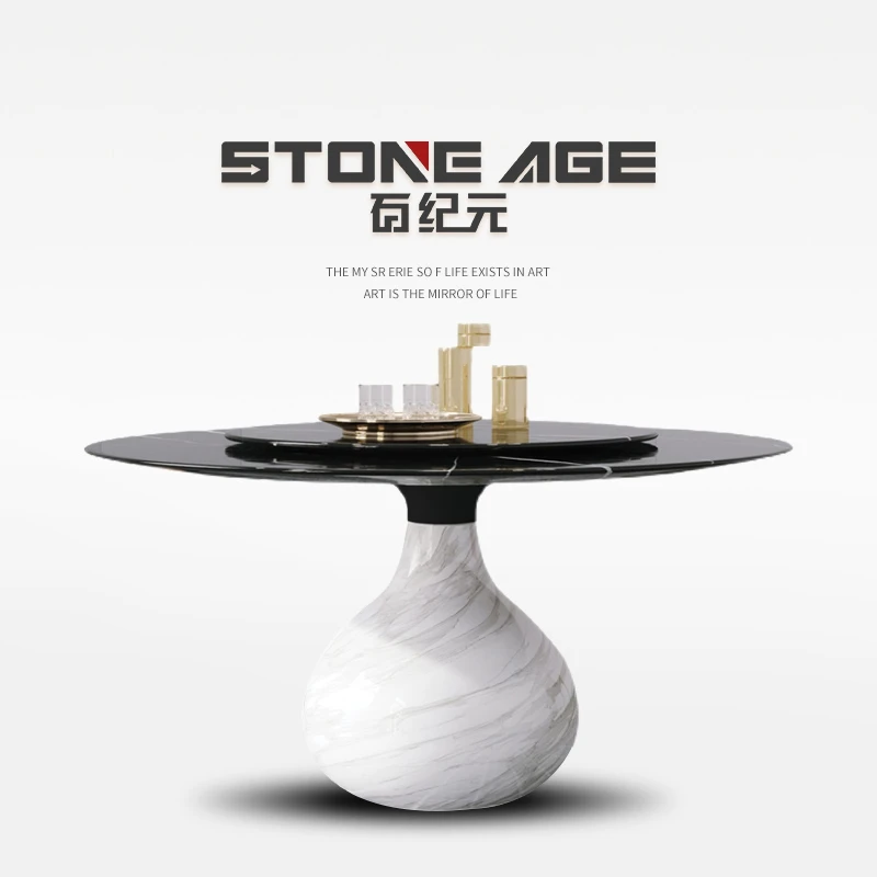 意式极简天然大理石圆形餐桌椅组合圆桌一桌6椅高档别墅圆餐桌