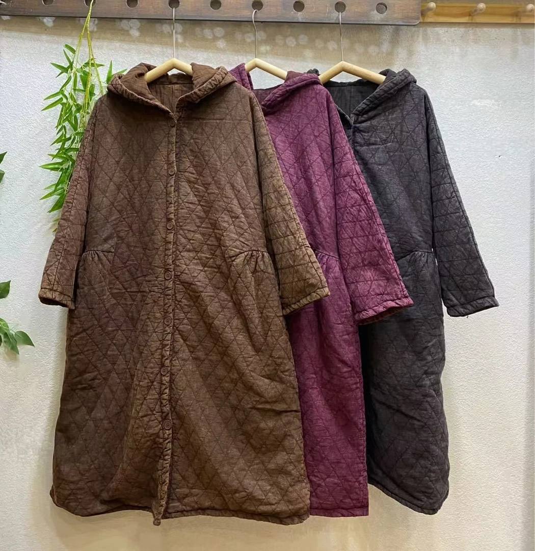 亚麻炒色 连帽长款棉衣 091