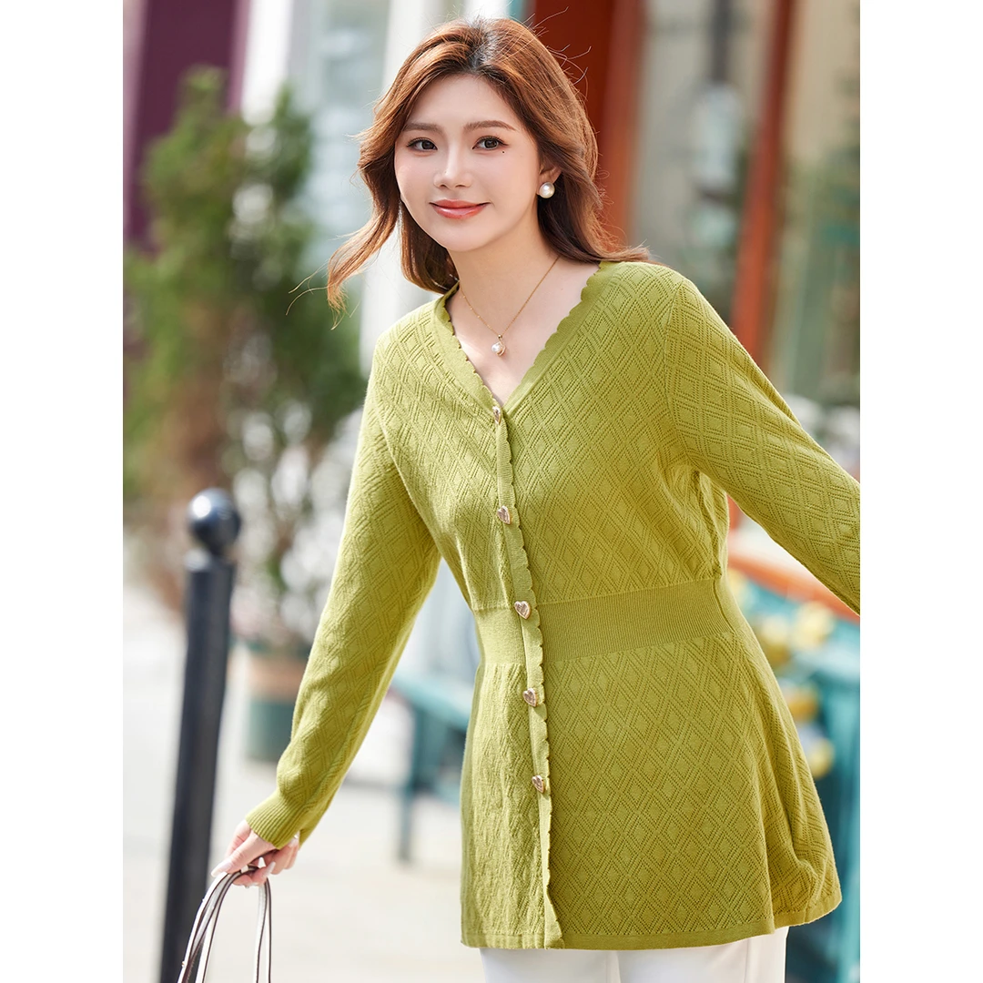 【提花棉针织衫】MsShe大码女装春显瘦V领修身宽松长款菱格M2401146