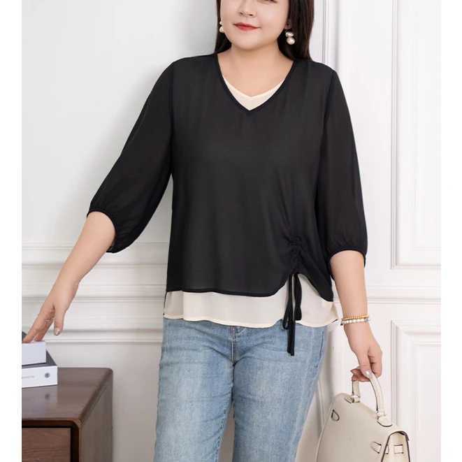 【现货】MsShe大码女装秋装优雅珍珠雪纺抽绳上衣小衫B2405018