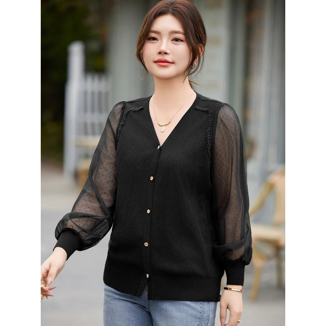 【现货】MsShe大码女装秋装温柔网纱袖提花针织长袖开衫B2403028