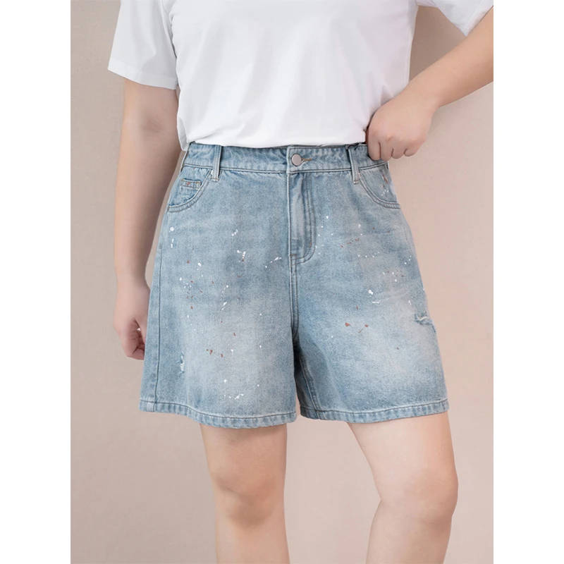 【现货】MsShe大码女装夏韩系刺绣泼墨设计破洞牛仔棉短裤M2407003