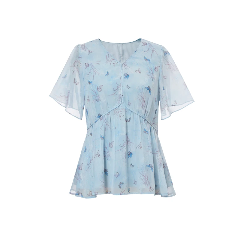 【现货】MsShe大码女装新款夏蝴蝶银丝雪纺V领短袖小衫P~M2405231