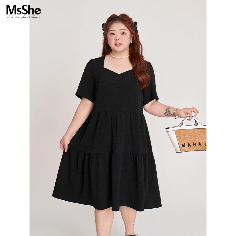 【提花宽松连衣裙】MsShe大码女新款夏时尚提花梭织短袖D~F2407009