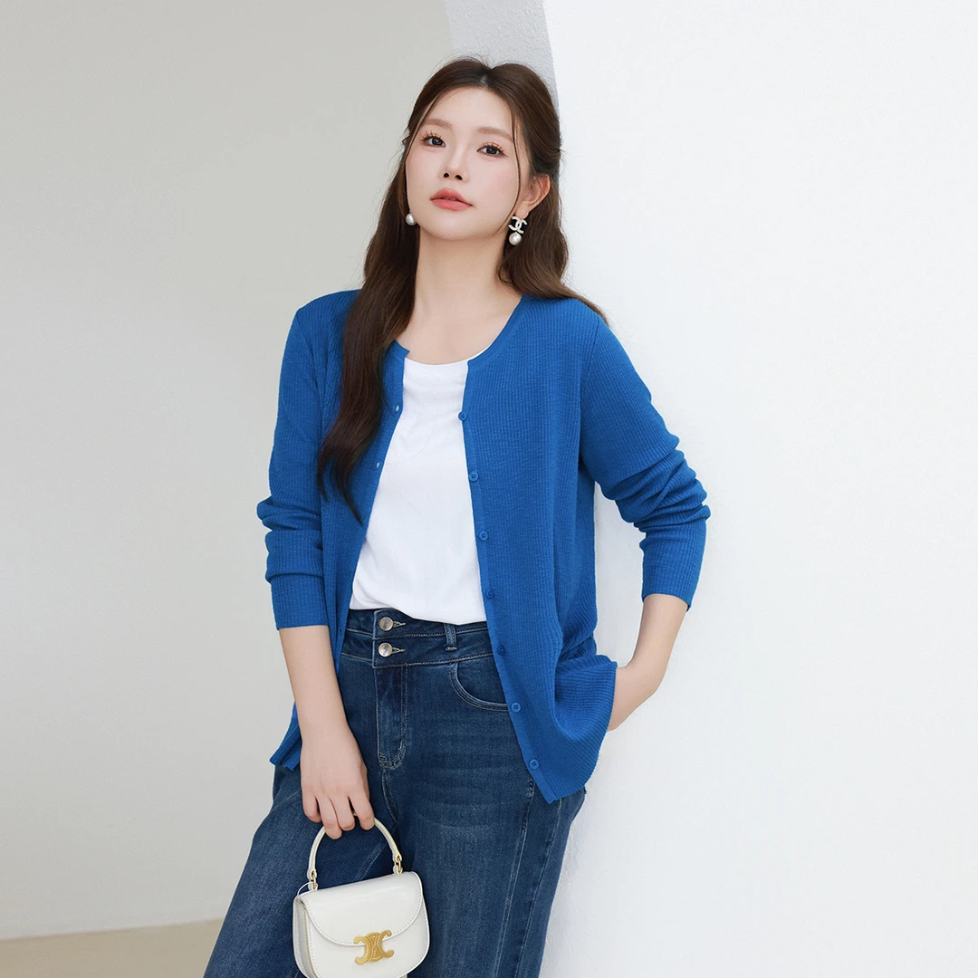 【春装百搭开衫】MsShe大码女装弹力仿棉麻坑条长袖针织衫M2403054