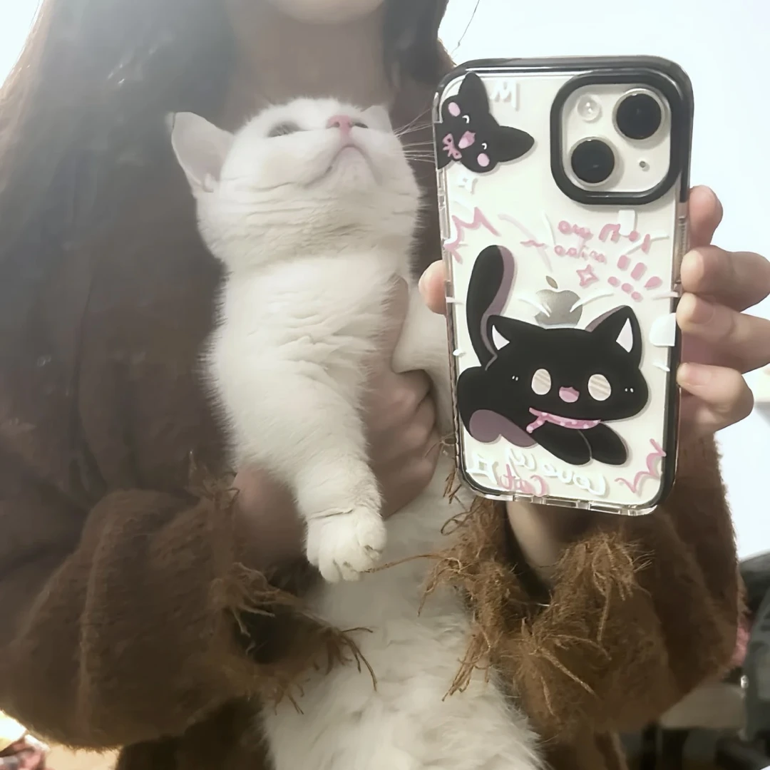 高级小黑猫适用苹果15/14/13Promax手机壳iPhone12/11黑边防摔78p