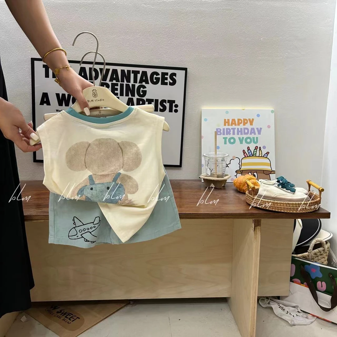 【菠萝米】夏款韩版小象书包坎肩儿童飞机短裤套装 A210