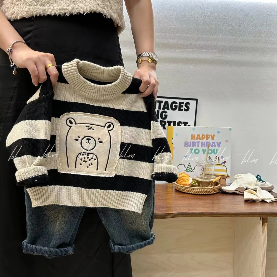 【菠萝米】秋冬款韩版贴布小熊针织套头毛衣 A1006