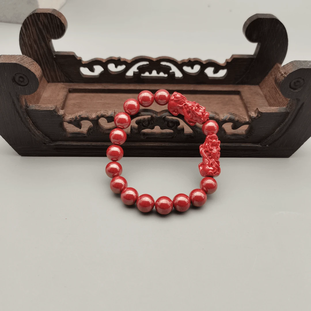 含辰砂工艺品ZD074朱砂帝王砂精美双貔貅带隔珠单圈10mm正品保真
