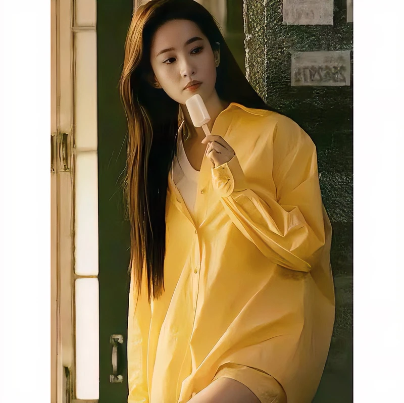 玫瑰故事刘亦菲黄亦玫宽松慵懒风防晒上衣女黄色休闲衬衫短裤套装