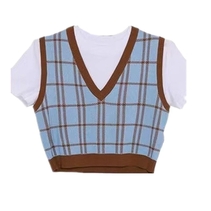 承欢记杨紫麦承欢私服短款格纹针织衫马甲女夏T恤减龄上衣两件套