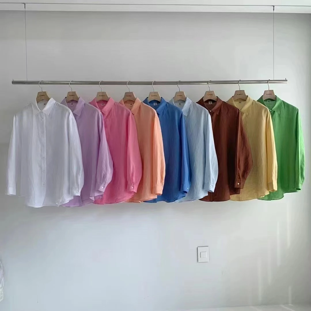 东大门ru彩色长袖亚麻衬衫