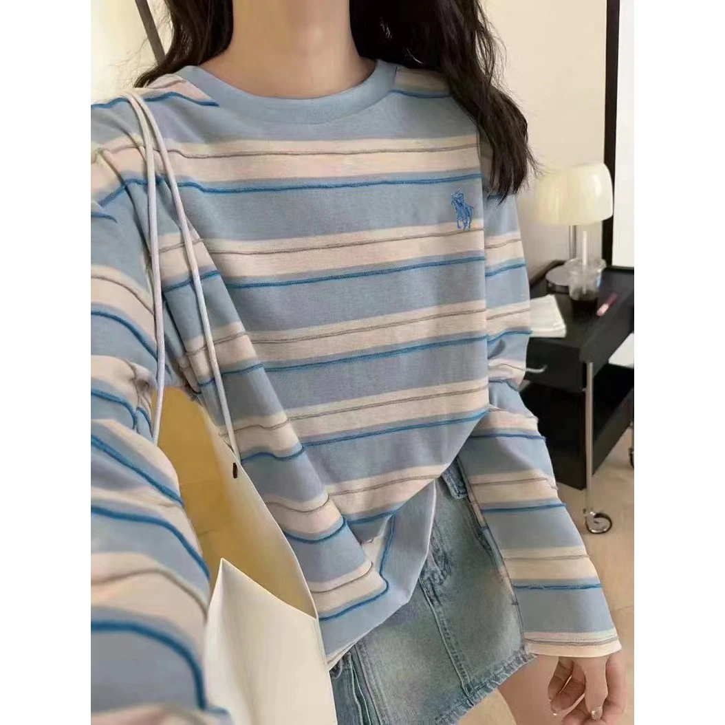 清仓长袖·外贸品质【战马·刺绣】时尚百搭简约撞色条纹T恤24158