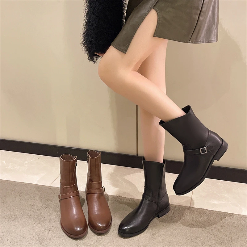 【Jerry】头层牛皮中筒复古风圆头低跟侧拉链时尚百搭单里靴子6755