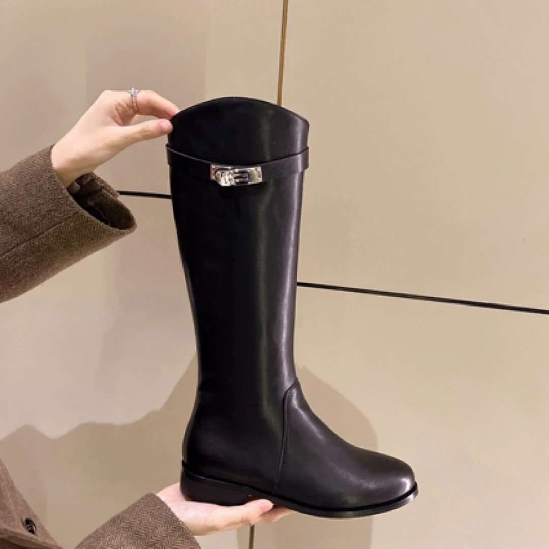 【Jerry】超软牛皮！高品质气质加绒斜口爱马*扣长筒骑士靴6777