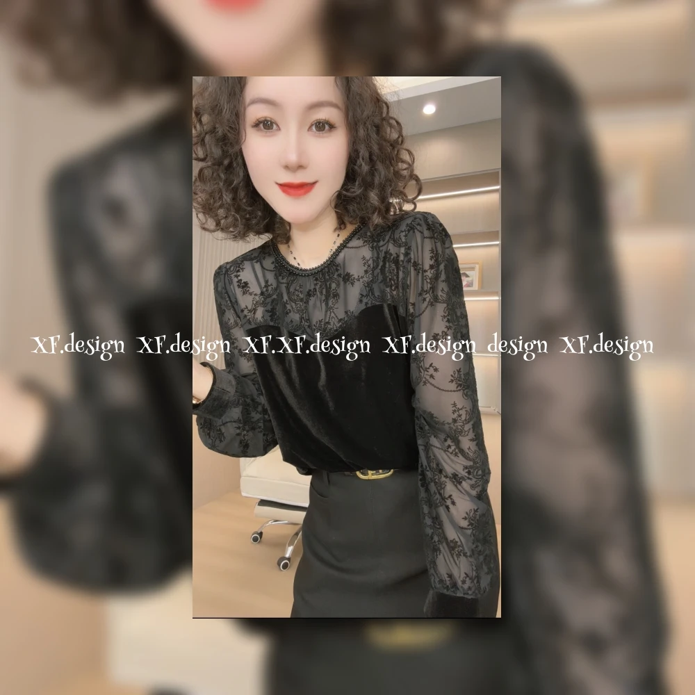 法式植绒袖丝绒上衣  XF6360